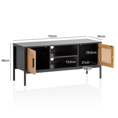 Lavt tv-bord i sort og egefarve med Wiener fletning - 110x48x40 cm