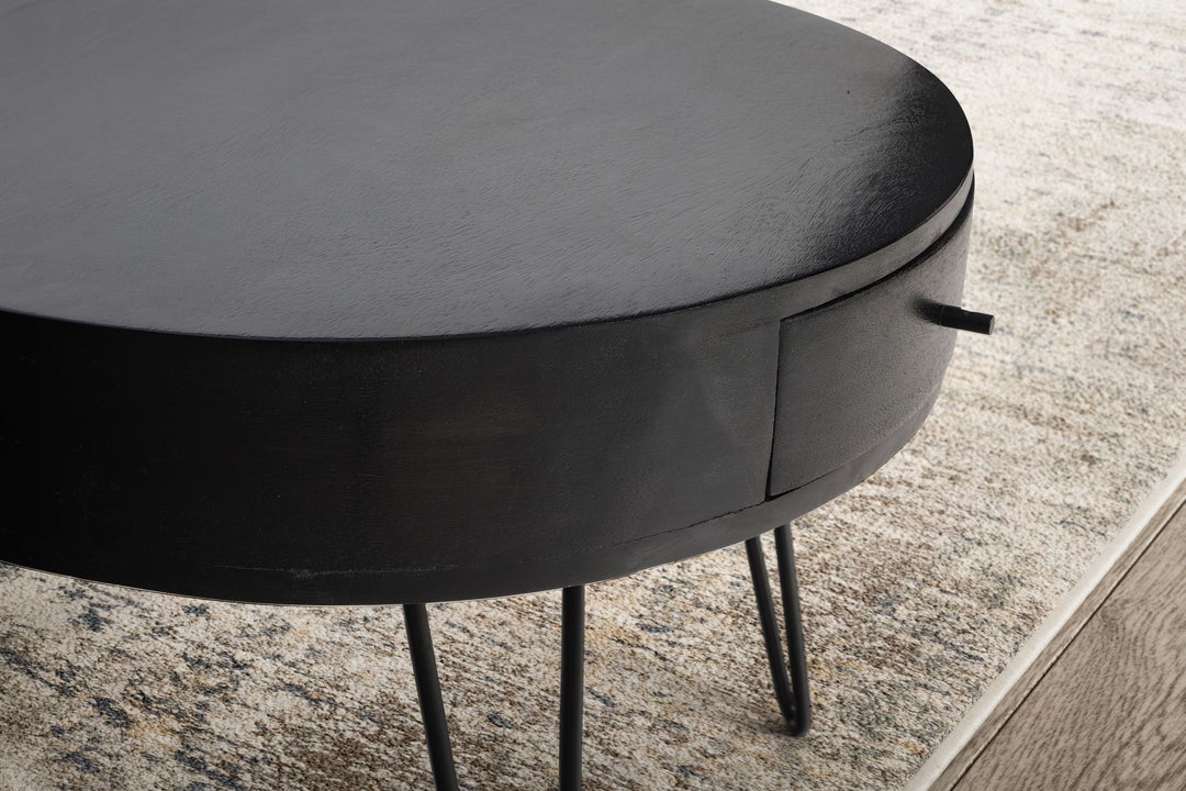 Sofabord 60x60x43 cm, sofabord i massivt mangotræ og metal, rundt designerbord til stue med skuffe, sofabord i massivt træ med opbevaring, lille stuebord med hårnåleben