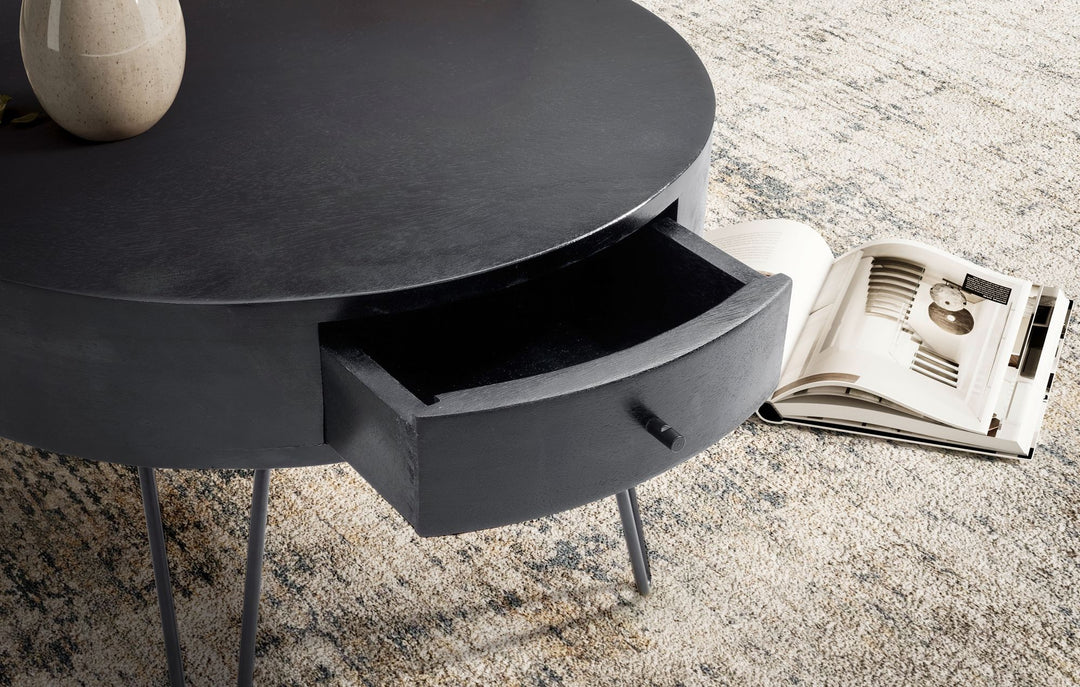 Sofabord 60x60x43 cm, sofabord i massivt mangotræ og metal, rundt designerbord til stue med skuffe, sofabord i massivt træ med opbevaring, lille stuebord med hårnåleben