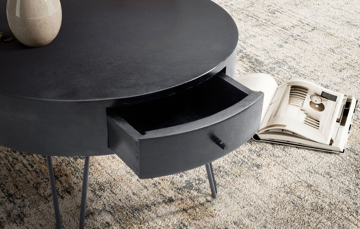 Sofabord 60x60x43 cm, sofabord i massivt mangotræ og metal, rundt designerbord til stue med skuffe, sofabord i massivt træ med opbevaring, lille stuebord med hårnåleben