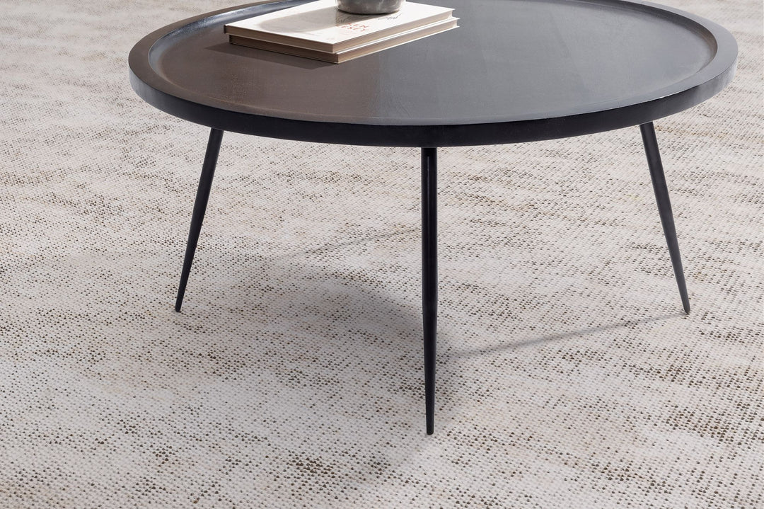 Sofabord 75x75x38 cm, massivt mangotræ, sort metal, rundt sofabord, designer stuebord med naturlig træåring, tidløst sofabord til stuen