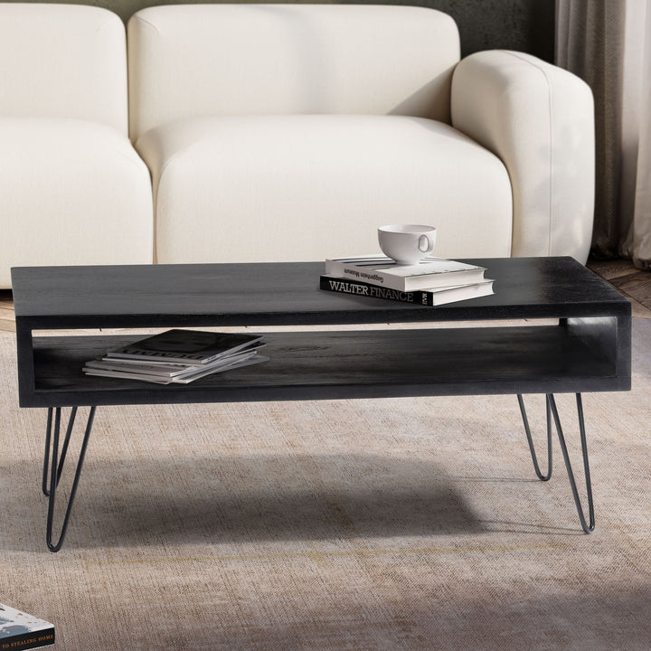 Elegant sofabord med hårnåleben, håndlavet i massivt træ, 100x50x40 cm, mat sort