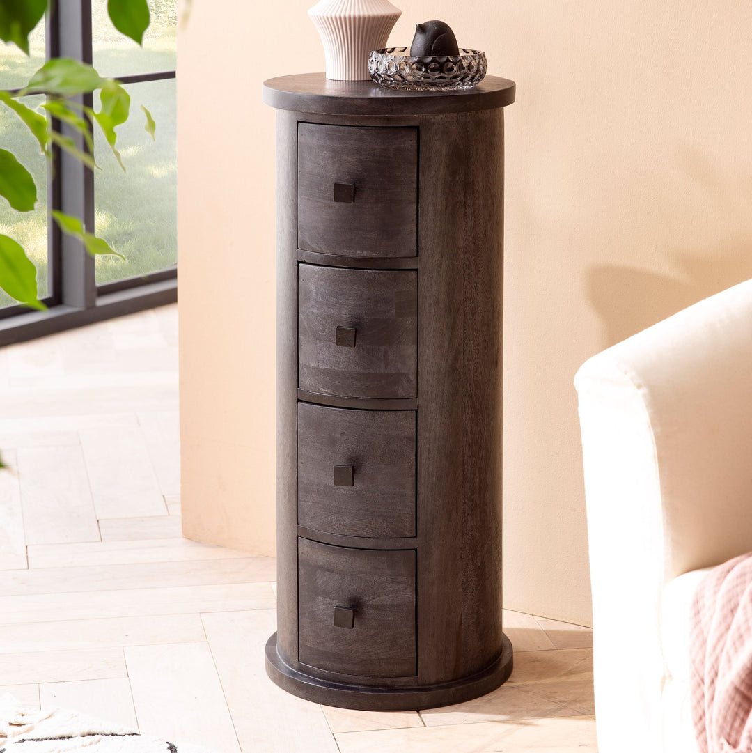 Design skænk Mango massivt træ sort 34x85x34 cm, skab med 4 skuffer, smalt sideskab massivt træ, mini kommode rund