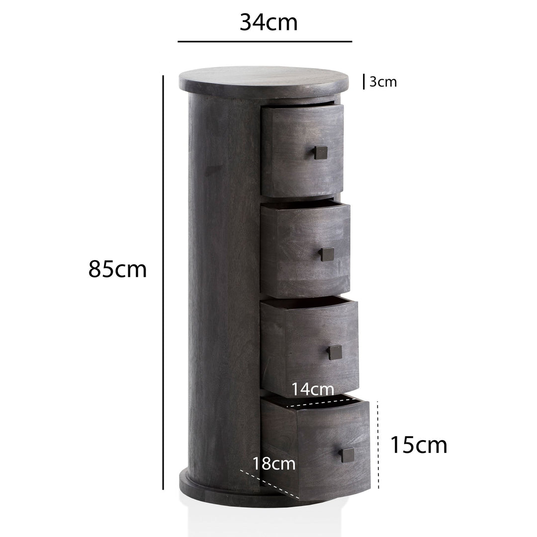 Design skænk Mango massivt træ sort 34x85x34 cm, skab med 4 skuffer, smalt sideskab massivt træ, mini kommode rund