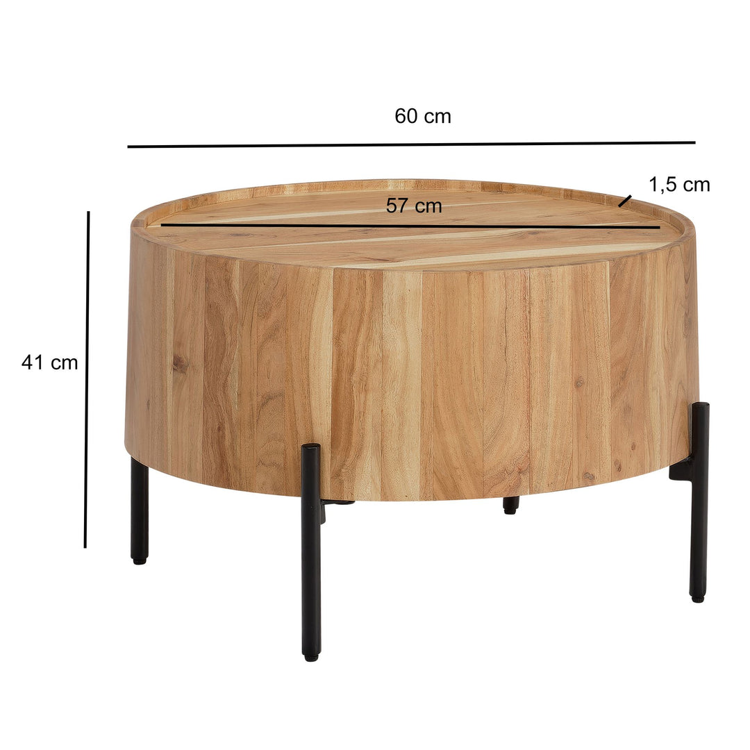 Sofabord i massivt træ i akacie 60x60x41 cm rundt med metalstel