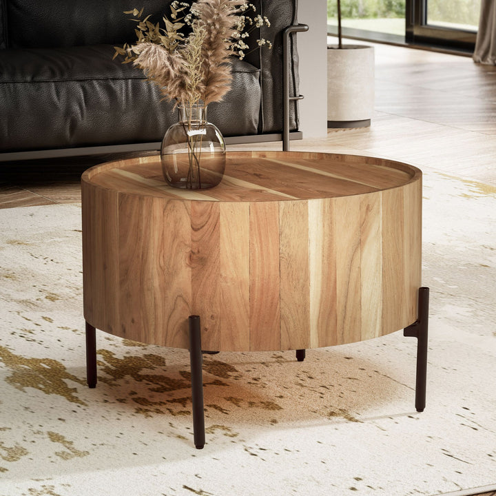 Sofabord i massivt træ i akacie 60x60x41 cm rundt med metalstel
