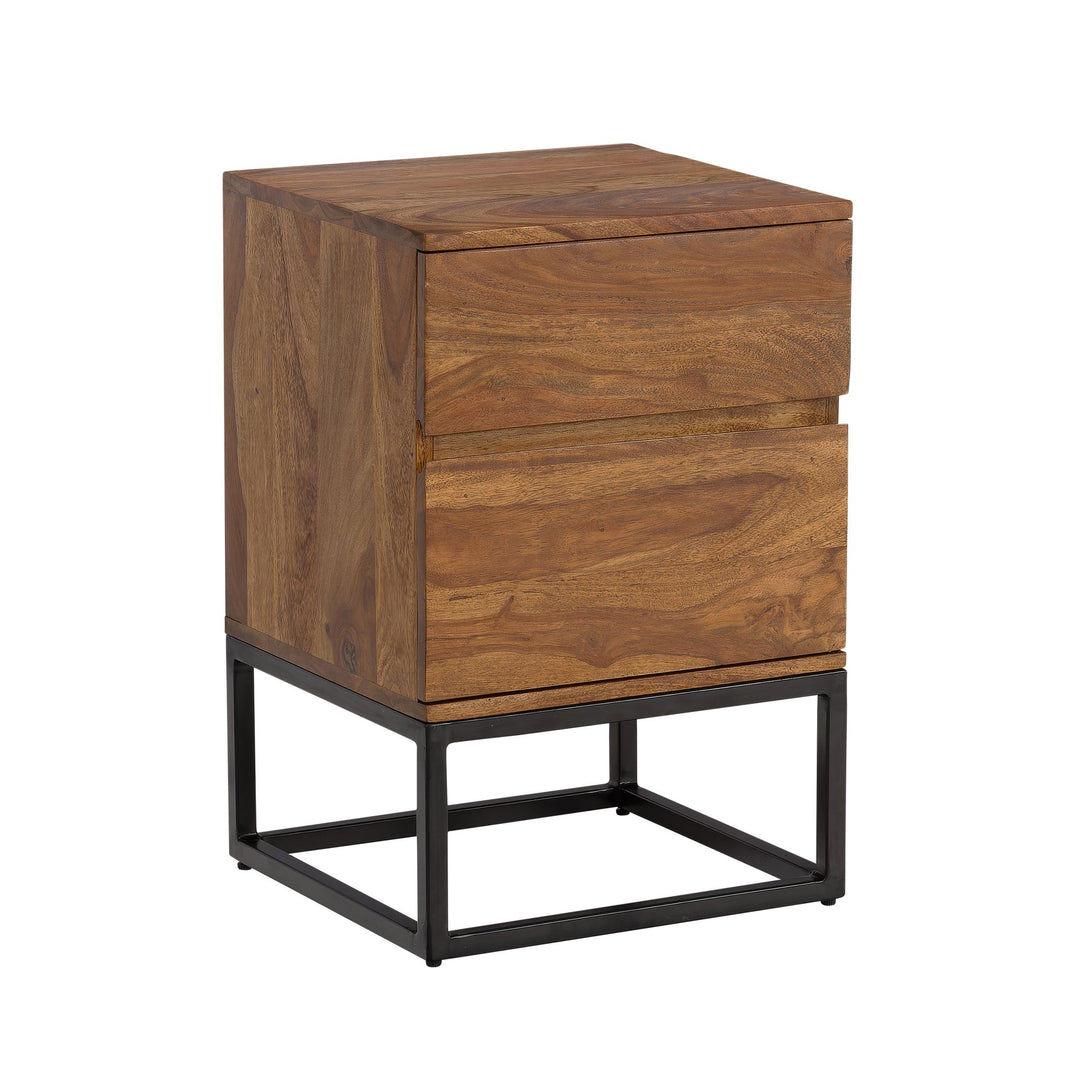 Sheesham sengebord i massivt træ og metal, 40x38x60 cm, natbord til boxmadras, designer natbord med 2 skuffer, industrielt natbord med opbevaringsplads