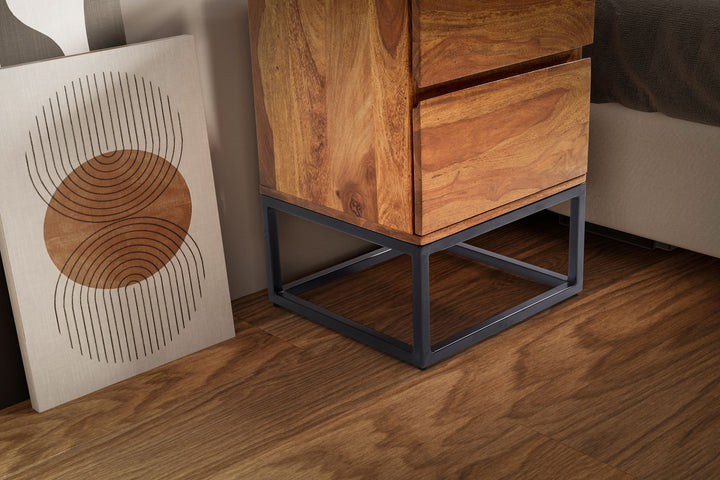 Sheesham sengebord i massivt træ og metal, 40x38x60 cm, natbord til boxmadras, designer natbord med 2 skuffer, industrielt natbord med opbevaringsplads