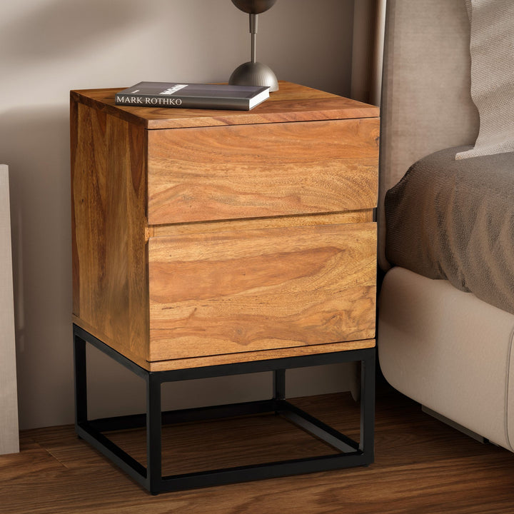 Sheesham sengebord i massivt træ og metal, 40x38x60 cm, natbord til boxmadras, designer natbord med 2 skuffer, industrielt natbord med opbevaringsplads