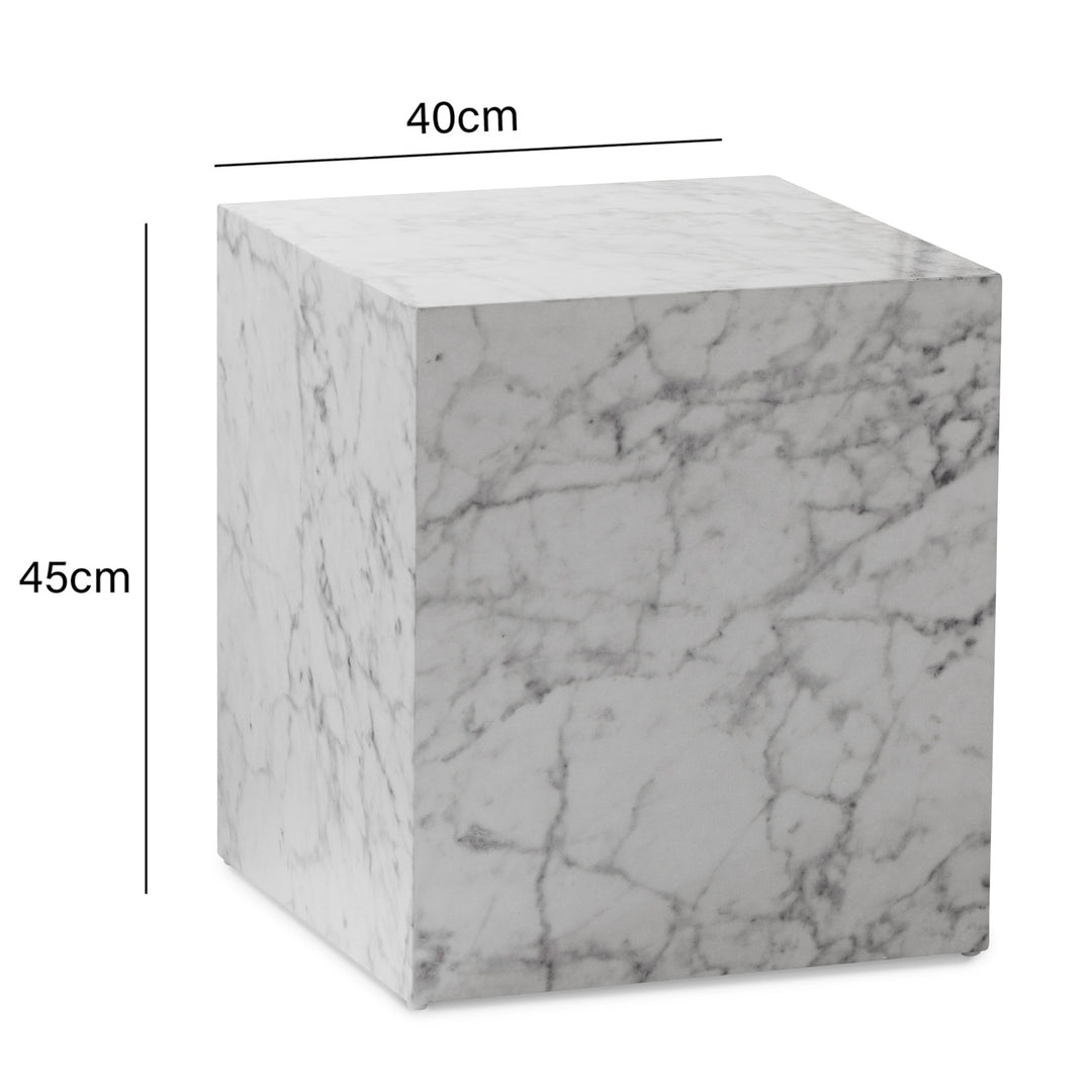 MONOBLOC sofabord 40x40x45 cm, hvid højglans med marmorlook, kubeformet stuebord, designer sofabord, lounge sidebord, kubeformet