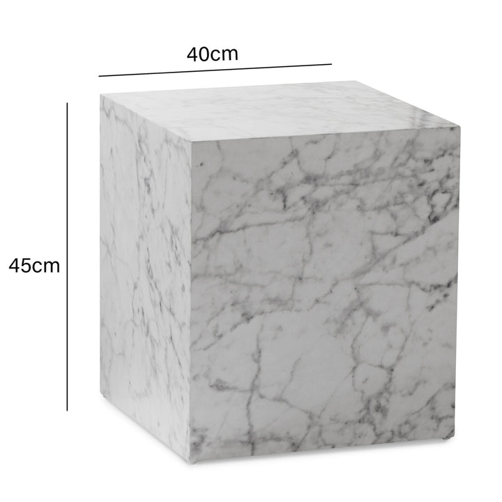 MONOBLOC sofabord 40x40x45 cm, hvid højglans med marmorlook, kubeformet stuebord, designer sofabord, lounge sidebord, kubeformet