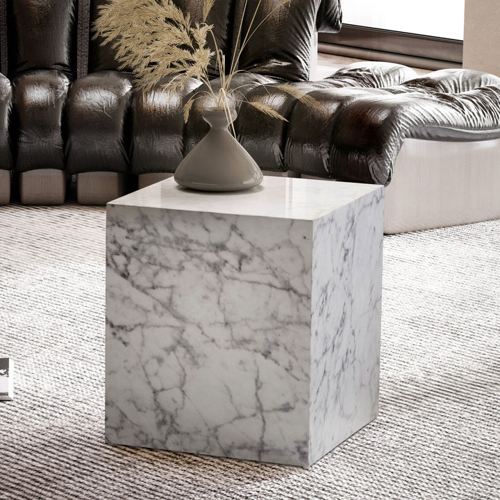 MONOBLOC sofabord 40x40x45 cm, hvid højglans med marmorlook, kubeformet stuebord, designer sofabord, lounge sidebord, kubeformet