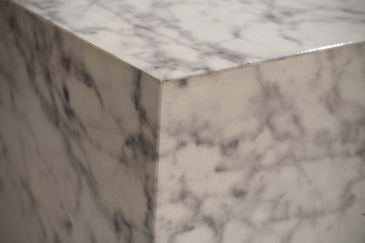 MONOBLOC sofabord 40x40x45 cm, hvid højglans med marmorlook, kubeformet stuebord, designer sofabord, lounge sidebord, kubeformet