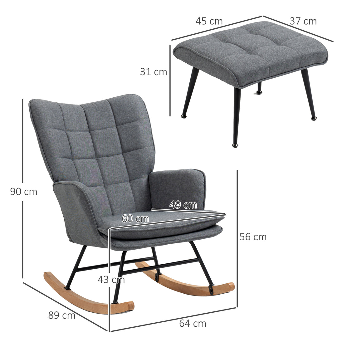 Gyngestol med skammel, komfortabel, op til 130 kg, hørlook, 64 x 89 x 90 cm, grå