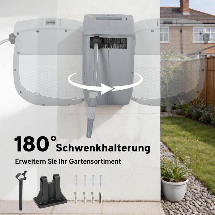 Slangeopruller med 20 m haveslange, 180° drejelig slangeboks med automatisk oprulning og selvlåsende mekanisme.
