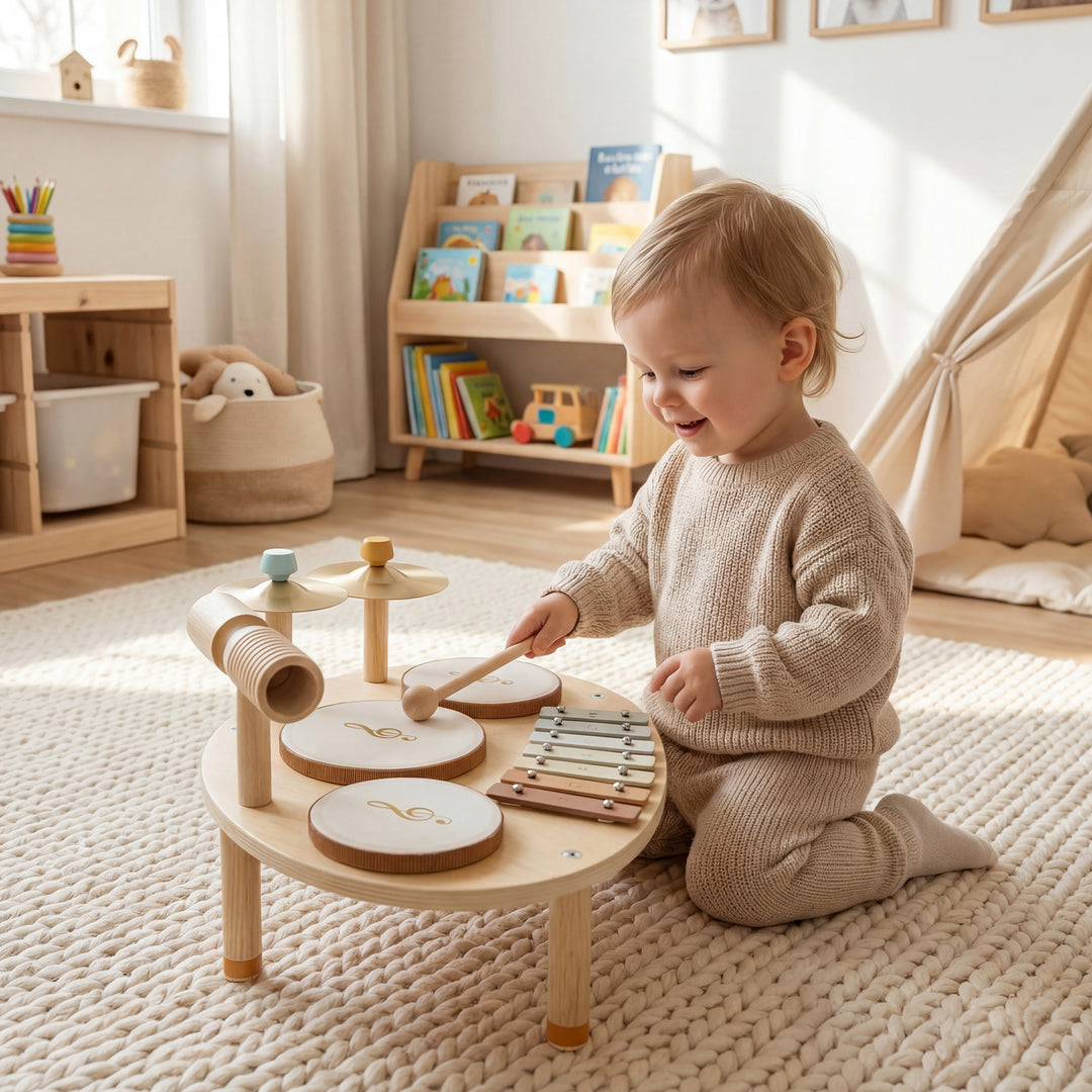 Børnetrommesæt 4-i-1 Montessori musikinstrumentsæt med trommer, xylofon og slagtøj til børn fra 2 år