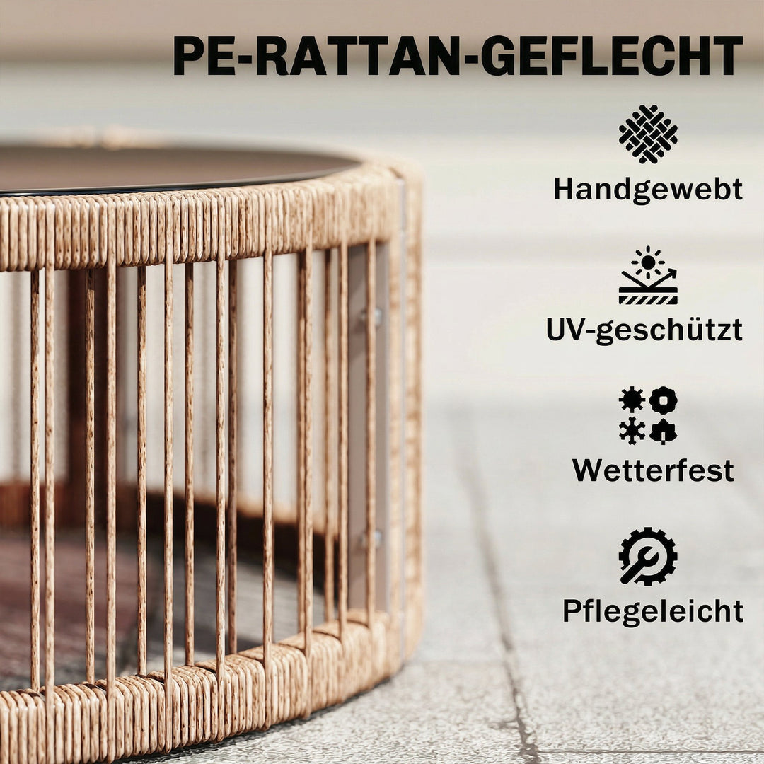 4-delt havemøbelsæt, polyrattan loungesæt med to personer, 2 lænestole, glasbord, bredt og dybt sæde, tykke hynder
