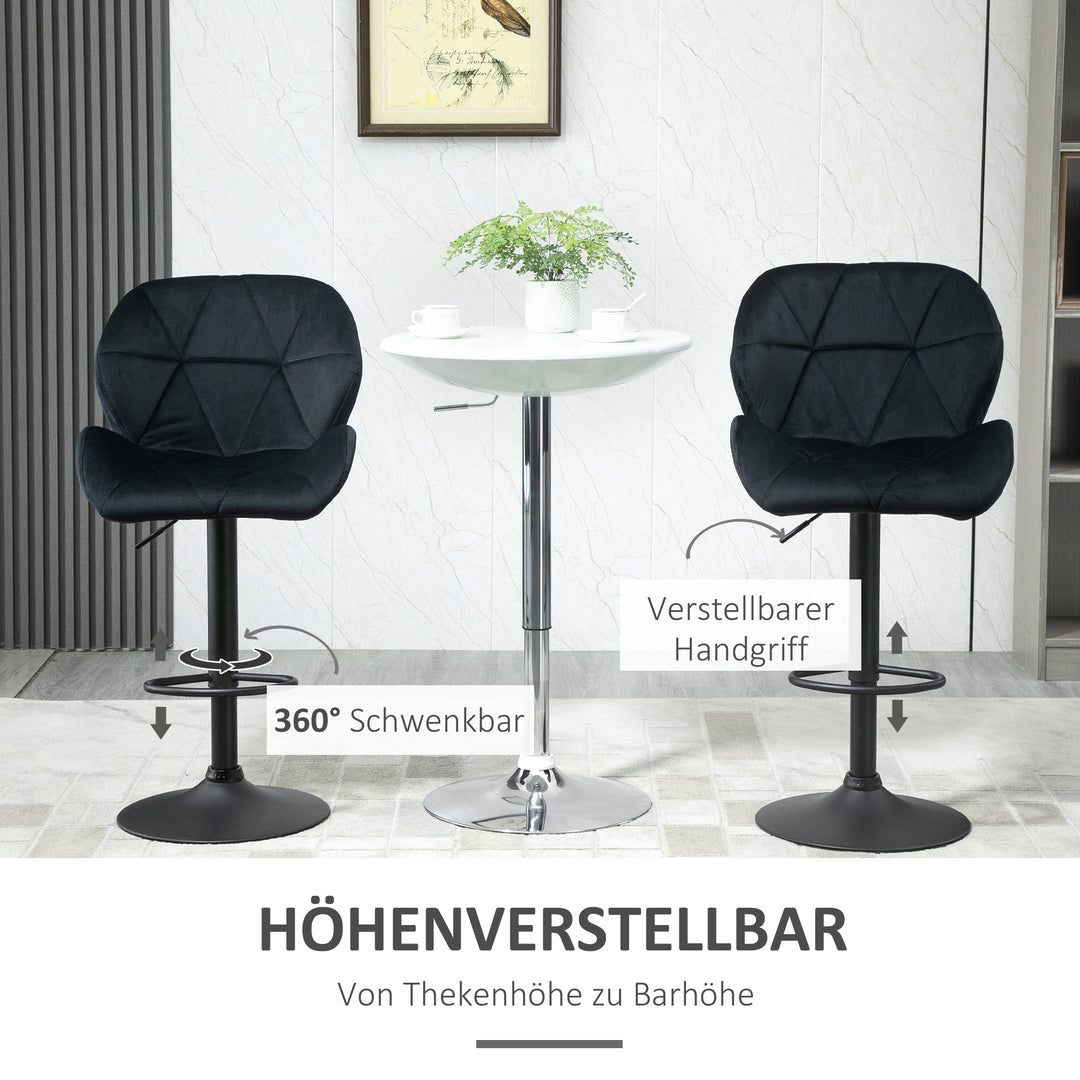 Sæt med 2 barstole, drejestole med ryglæn, højdejusterbar bistroskammel, barskammel, fløjlsberøring, armløs, skum, sort, 51,5 x 57,5 x 93-114,5 cm