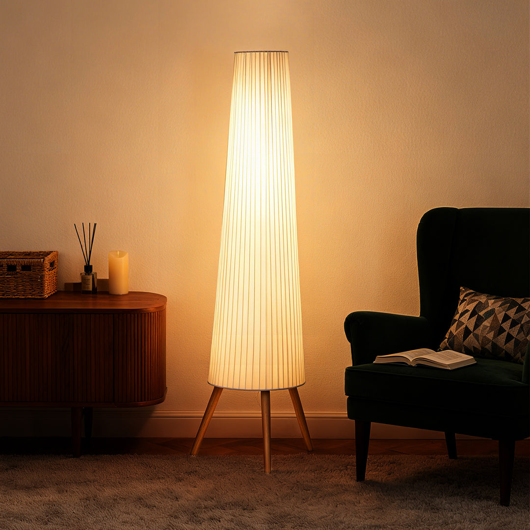 LED-gulvlampe til stue, dæmpbar, træ med trebensfod, gulvlampe med fodkontakt, 46 x 46 x 153 cm, hvid