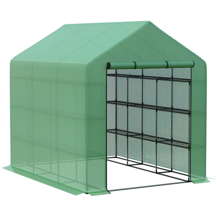 Plastikdrivhus, walk-in drivhus med 8 hylder, tomatdrivhus, drivhus, kold ramme med dør, grøn stål, pe-plast 244 x 180 x 210 cm