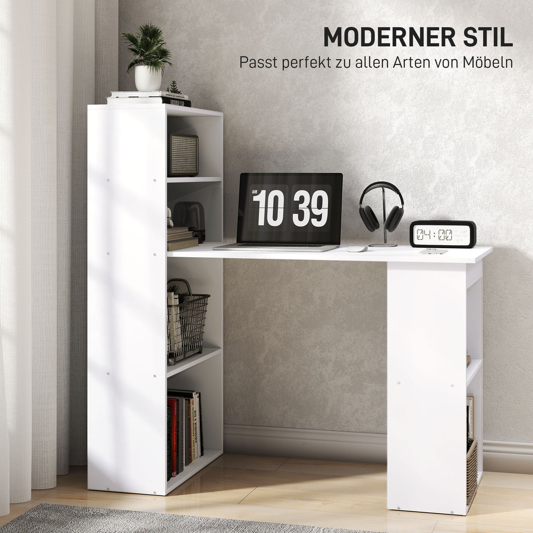 Skrivebord kontorbord computerbord, 2 hylder, 5 hylder, 120 cm x 55 cm x 120 cm, hvid