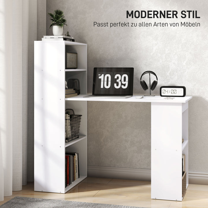 Skrivebord kontorbord computerbord, 2 hylder, 5 hylder, 120 cm x 55 cm x 120 cm, hvid