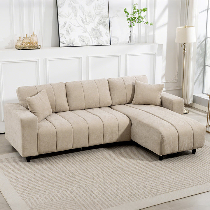 L-formet hjørnesofa med fleksibel chaiselong, 3-personers sofa med 2 hynder, metalstel, til stue, beige
