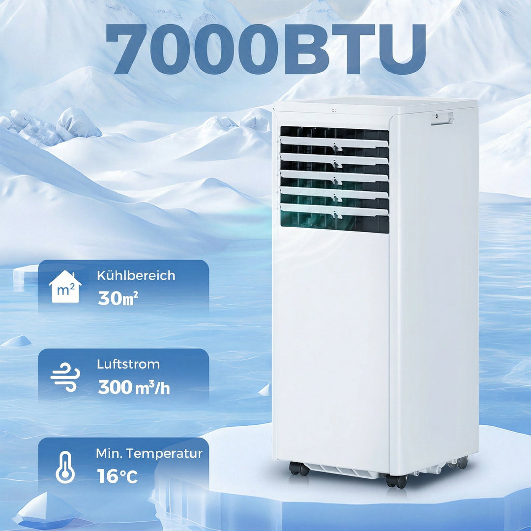 Bærbart klimaanlæg 7000 BTU, 4-i-1 klimaanlæg med køling, affugter, ventilator, dvaletilstand
