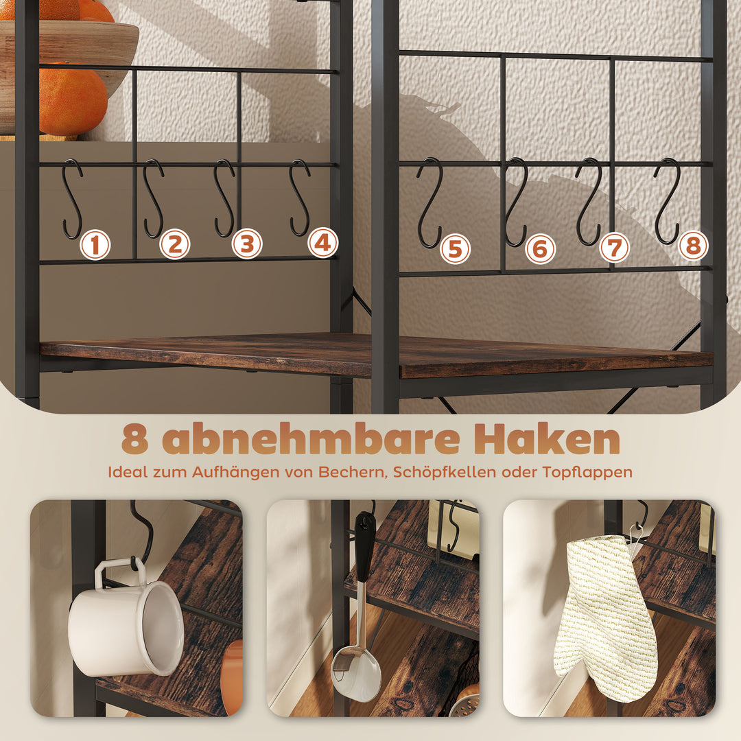 Køkkenhylde, 4-etagers design, bordplade, 8 kroge, metalrør, brun+sort