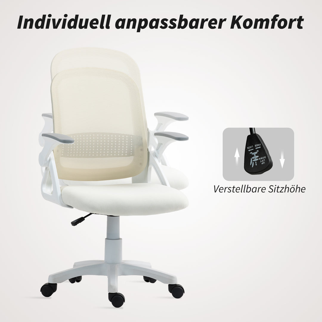 Åndbar netkontorstol, ergonomisk drejestol med foldbare armlæn og lændestøtte, hvid