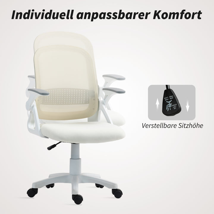 Åndbar netkontorstol, ergonomisk drejestol med foldbare armlæn og lændestøtte, hvid