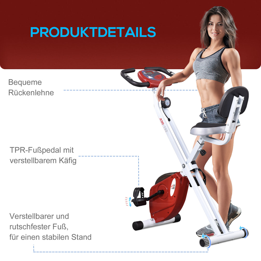 Motionscykel med magnetisk modstand, 8 niveauer, højdejusterbar, lcd-display, rød + hvid