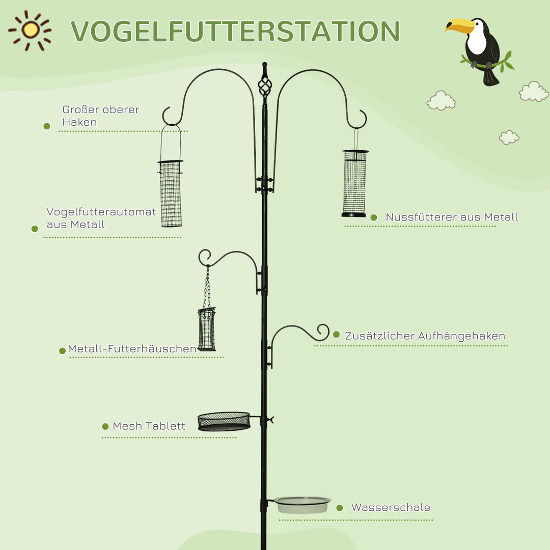 Fuglefoderstationssæt af stål, højde 208 cm, inklusive 4 kroge, fuglebad, foderplade, komplet fodersøjle, fuglefoderstation, sort