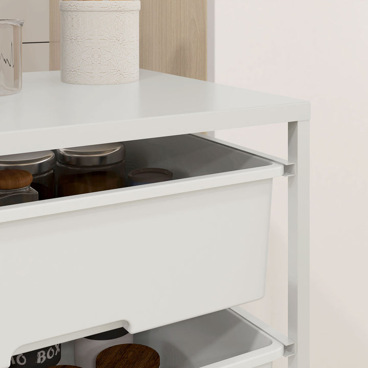 Sidebord med hjul, 3 kurve til transport og opbevaring, køkkenrulle, 40,8L x 33,5B x 60,5H cm, hvid