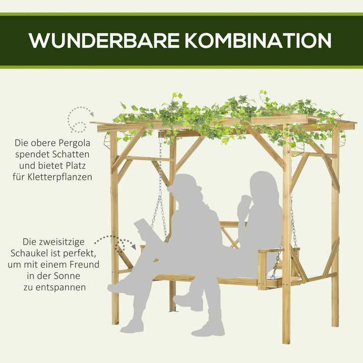 Gyngebænk med pergola, til 2 personer, højdejusterbar, massiv træramme, 2,21 x 1,40 x 1,96 m