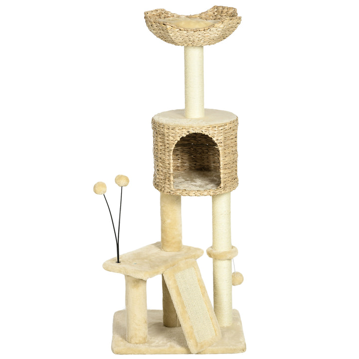 Kradsetræ med kattehule, liggeplatform, legebold, 45x40x116 cm, brun/beige