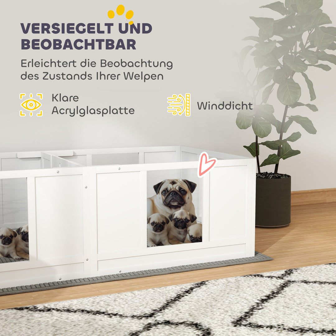 Hvalpekasse til hunde, med klare paneler, design med 2 rum, til små hunde