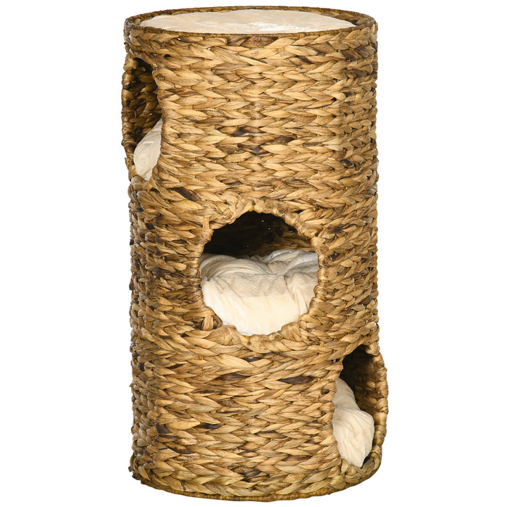 3-Etagers boho kattehule med 3 indgange og hynde, 40 cm x 40 cm x 73 cm, lysebrun + cremehvid