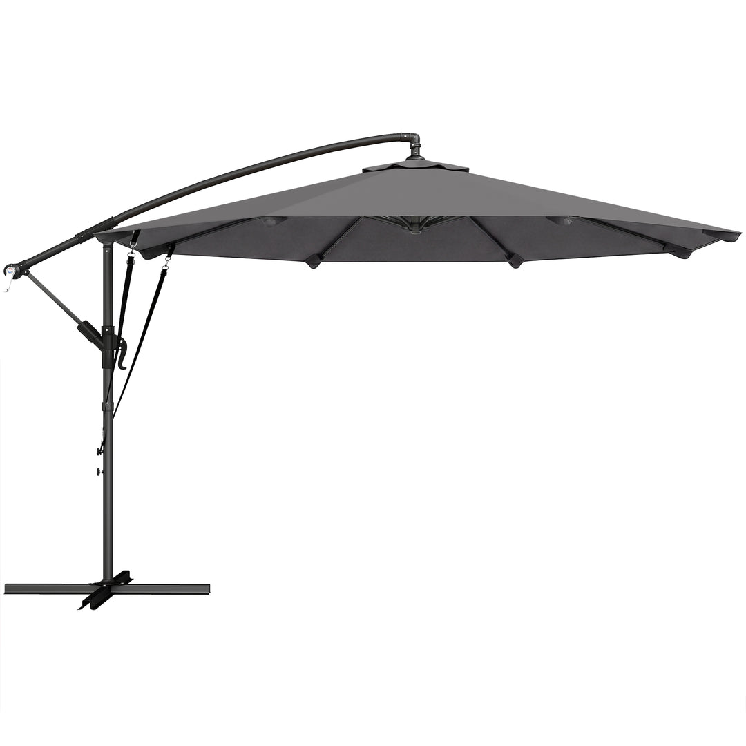 Fritstående parasol ca. Ø300 cm, vipbar, med håndsving, krydsfod, vindreb, beskyttelsesovertræk, mørkegrå