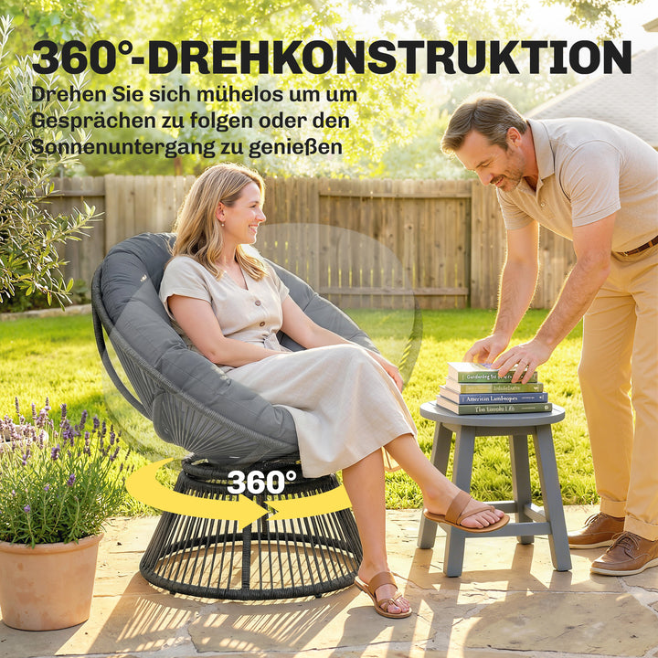 Papasan stol, 360° drejelig, kurvestol med hynde, stålstel, rund rattanstol, lænestol, grå
