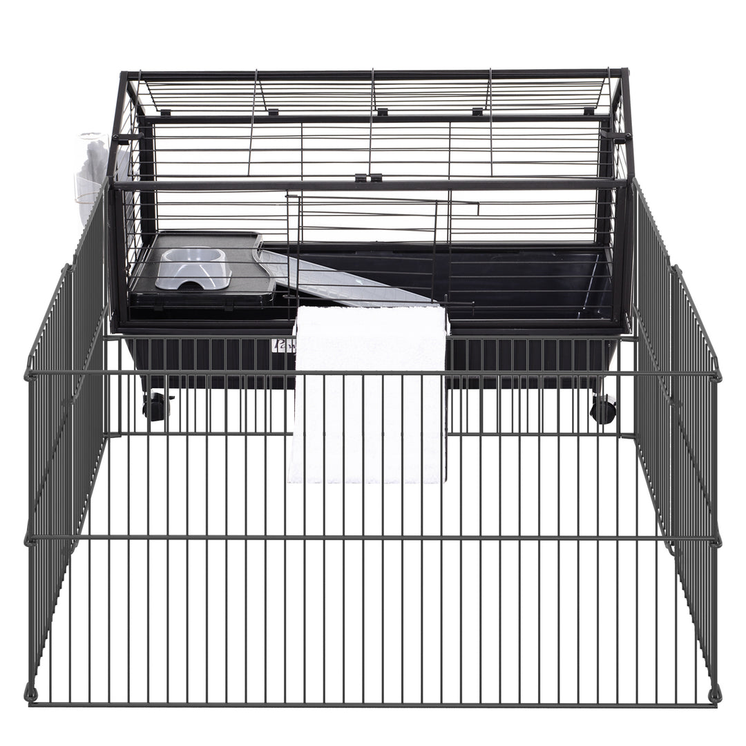 Bur til små dyr med udendørs indhegning inklusive tilbehør 88 cm x 128,5 cm x 56 cm 4 hjul sort metal polypropylen