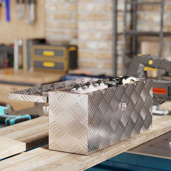 Udstyrskasse/opbevaringskasse af aluminium med lås og nøgler, 50 x 15,5 x 20,5 cm