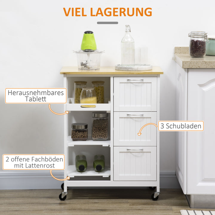 Køkkenvogn i landlig stil med 3 skuffer, hvid