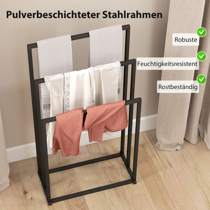 Stående håndklædestativ med 3 stænger, håndklædestige i stål, 45 x 21,5 x 85 cm