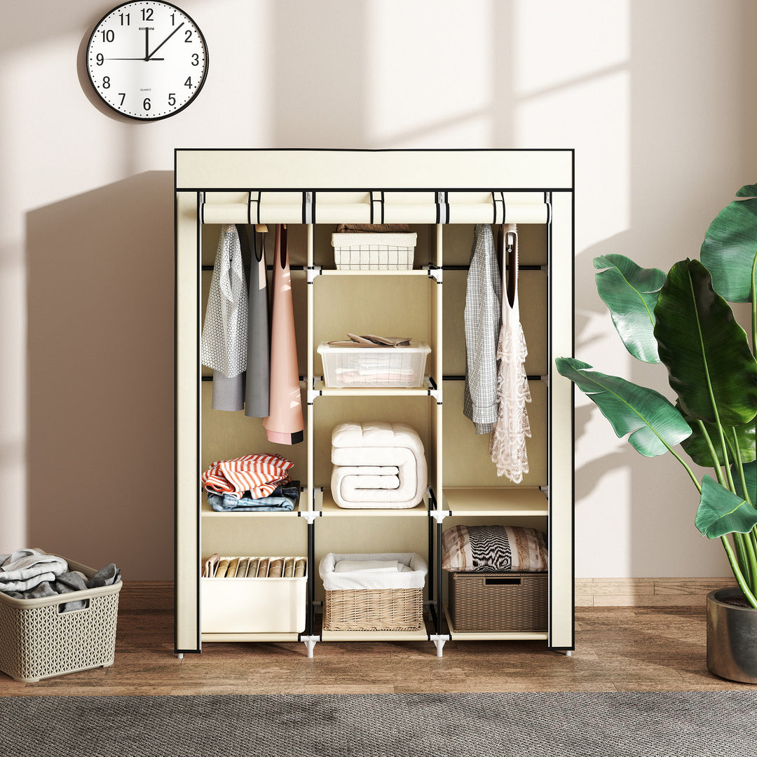 Stofgarderobe, opbevaringsløsning, 8 hylder, 2 tøjstativer, cremehvid