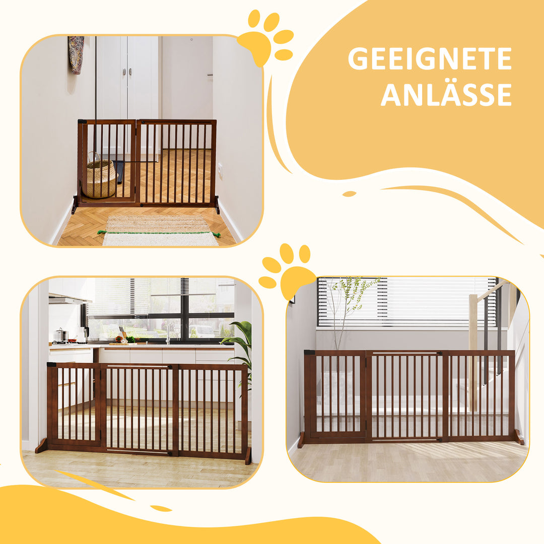 Hundegitter dør sikkerhedsgitter træ fritstående hundegitter med dør hundebarrier konfigurationsgitter til pejs og komfur brun 113-166 x 36 x 71 cm