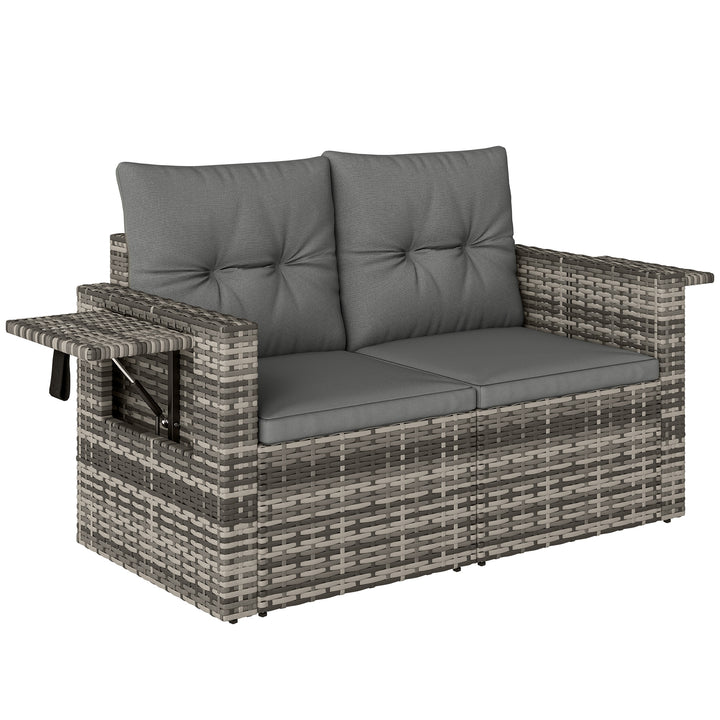 2-personers rattansofa med hynder, foldbare sidebakker, loungesofa, siddegruppe, lysegrå