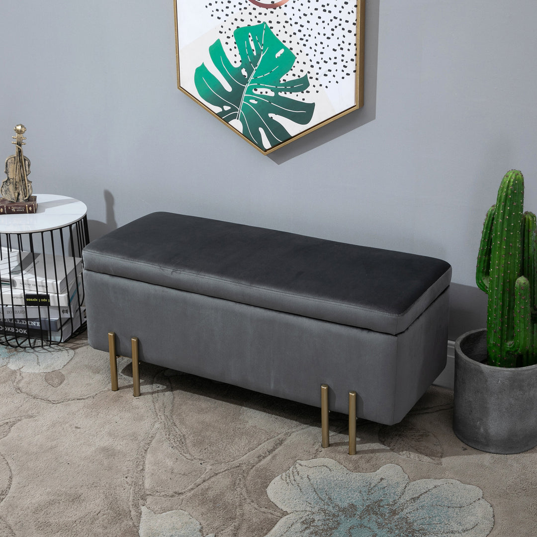 Bænk med opbevaringsplads, polstret bænk med fløjlslook, kommode med metalben, kommodebænk til stue, soveværelse, entre 100 x 40 x 42 cm, mørkegrå