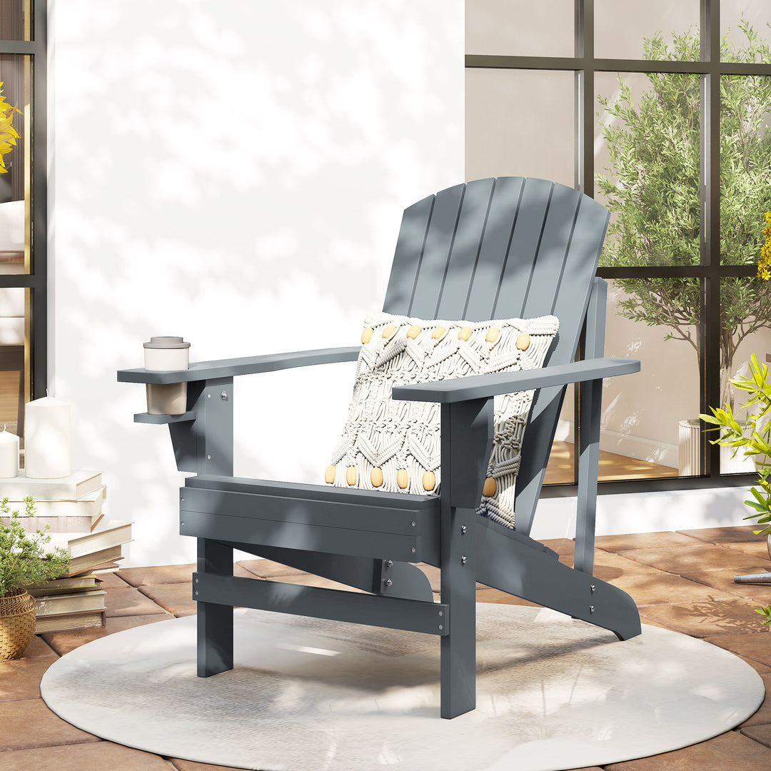 Adirondack havestol med kopholder, haveliggestol, balkonstol, massivt træ, mørkegrå, 95 x 72 x 93 cm