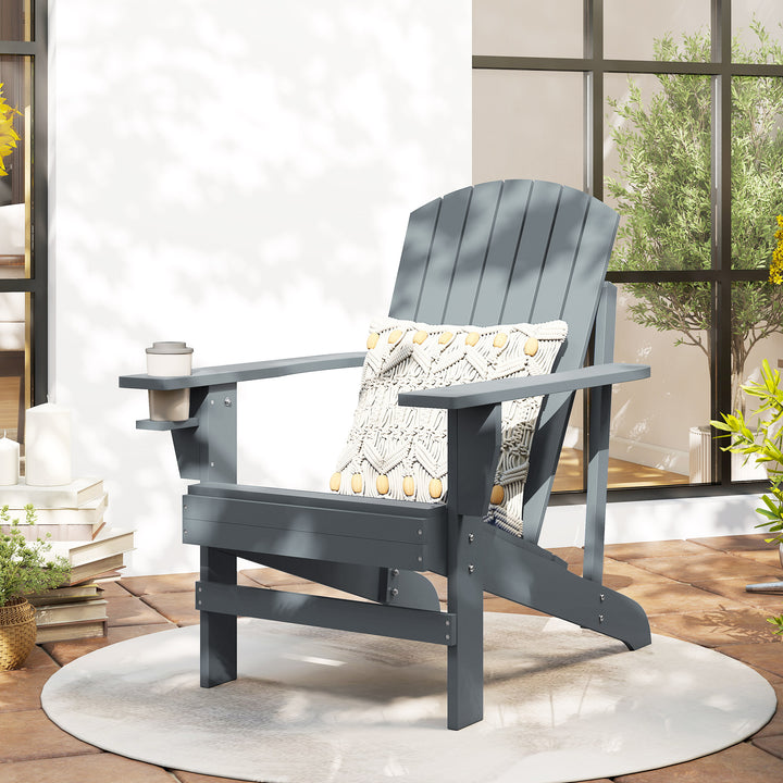 Adirondack havestol med kopholder, haveliggestol, balkonstol, massivt træ, mørkegrå, 95 x 72 x 93 cm